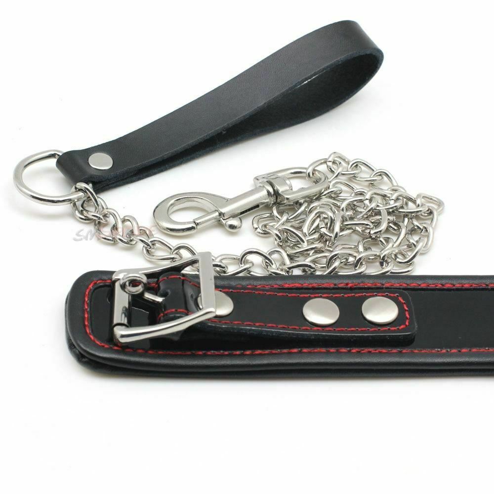 Black Genuine Leather Bondage Collar Leash Metal Chain Bdsm Beginners