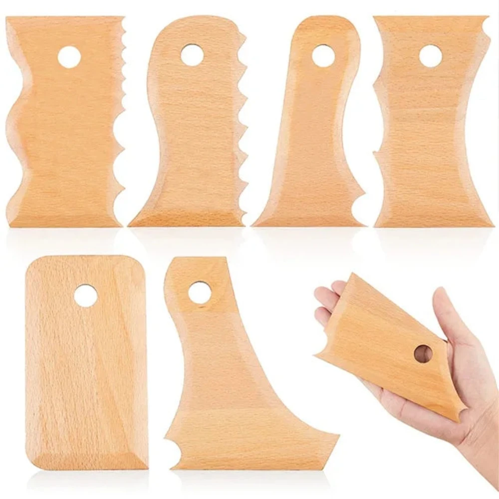 7 Pcs Pottery Trimming Tools Clay Foot Shaper Wooden Texture Profile Rib Bundle Hand