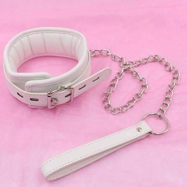 White Padded Collar Cuffs Ankle Wrist Leash Bondage Kink Bdsm Kit
