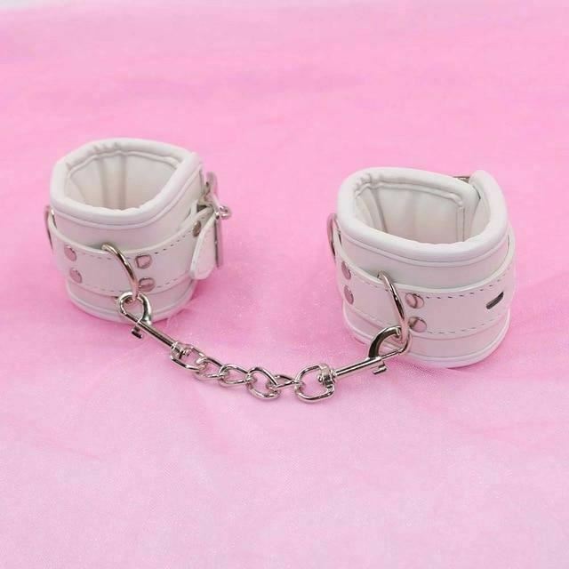 White Padded Collar Cuffs Ankle Wrist Leash Bondage Kink Bdsm Kit