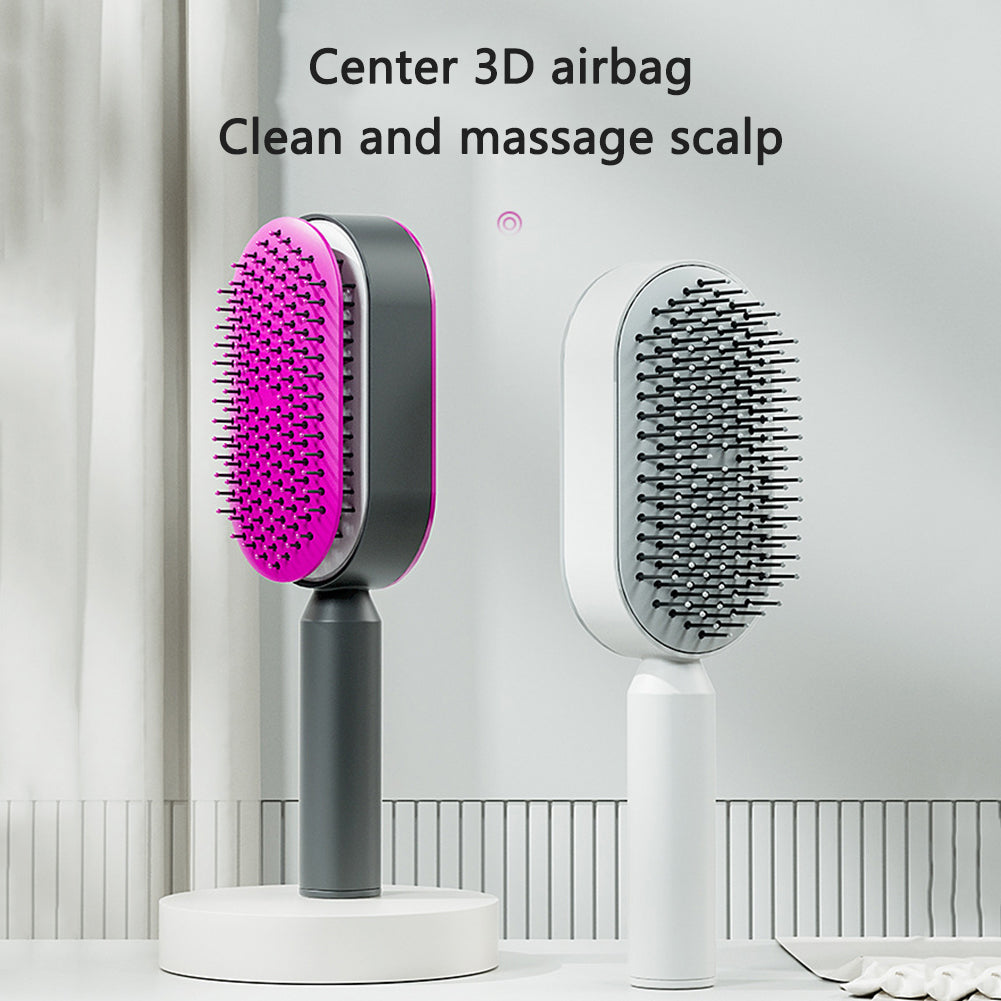 One-Press Self Cleaning Hair Brush Standing Base Women
