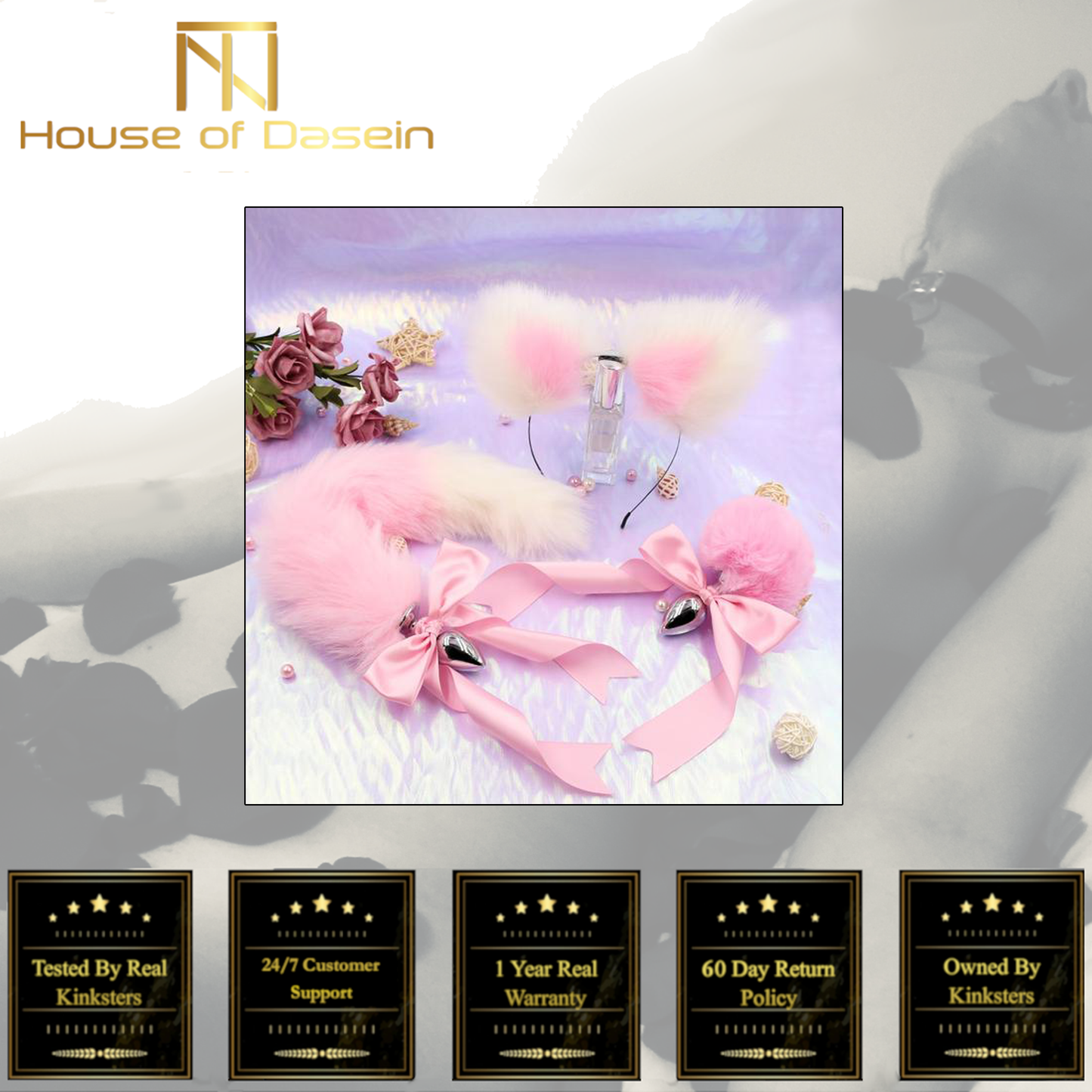 1 Sets of House Of Dasein 1 Sets Pink White Ears Headband Kitten Or Rabbit Tail Metal Butt Plug