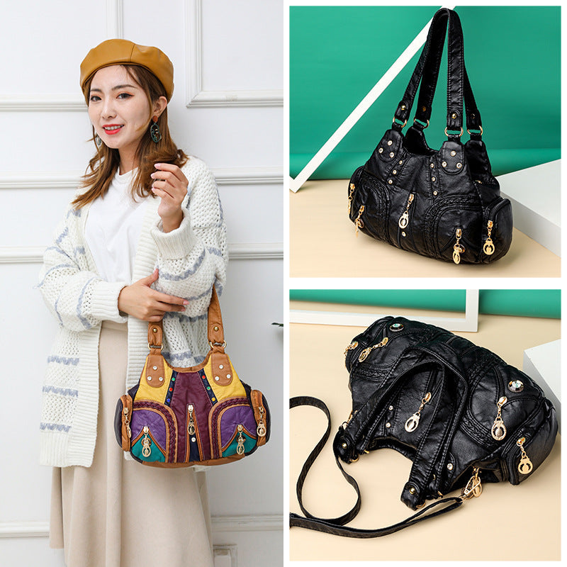Colored Mosaic Large Capacity Multi-Layer Washed Leather Handbag