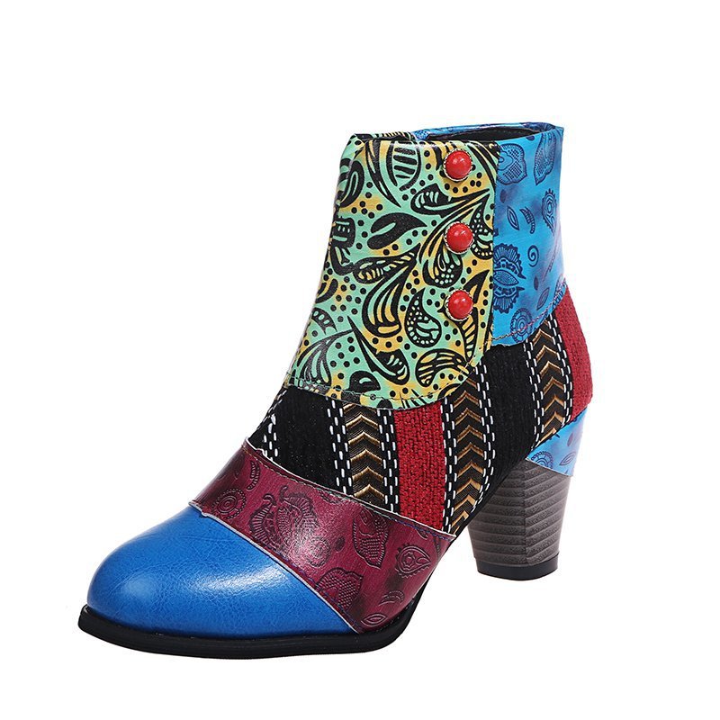 Bohemian Women's Boho Boots Retro Block High Heels Zipper