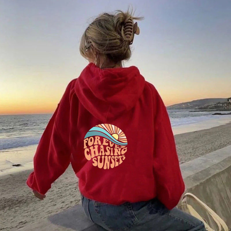Women Fleece Lined Sunset Print Kangaroo Pocket Drawstring Hoodie