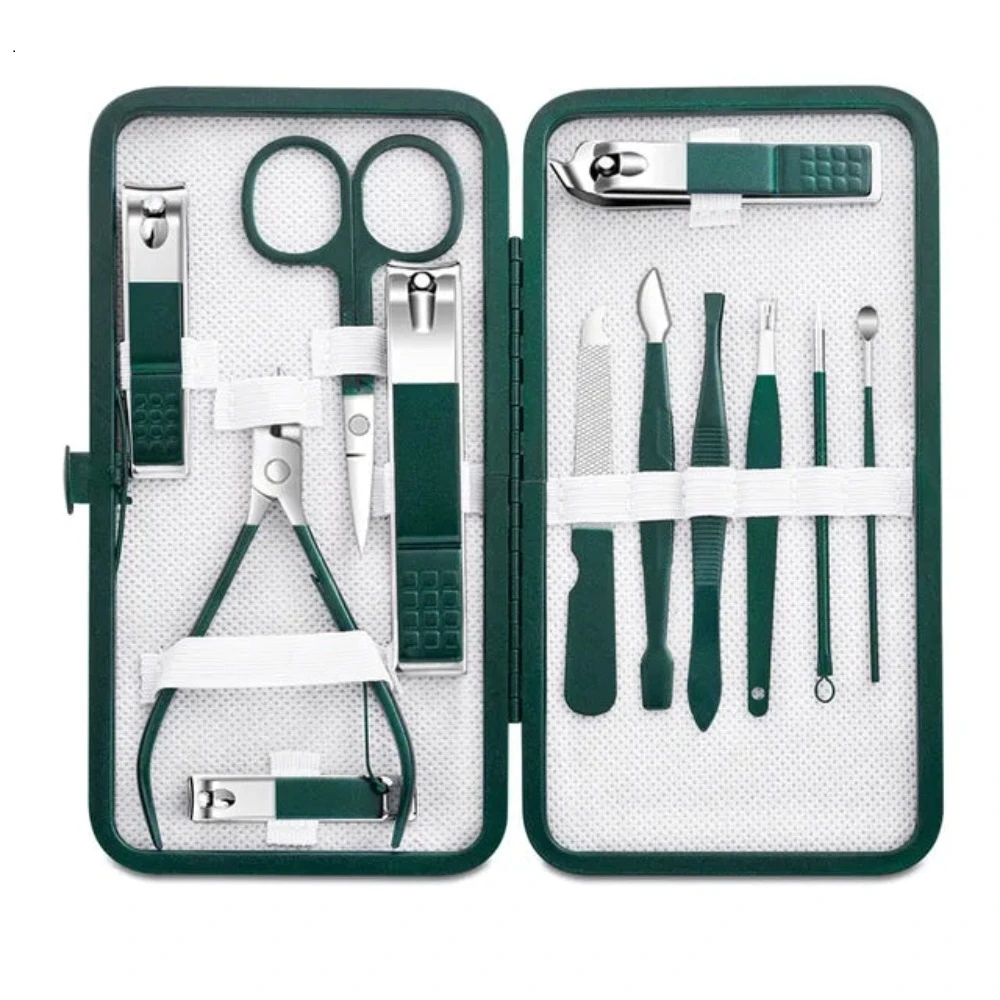 Stainless Steel Nail Clipper Set Grooming Tool With Portable Case Manicure Art Green Nails Cut