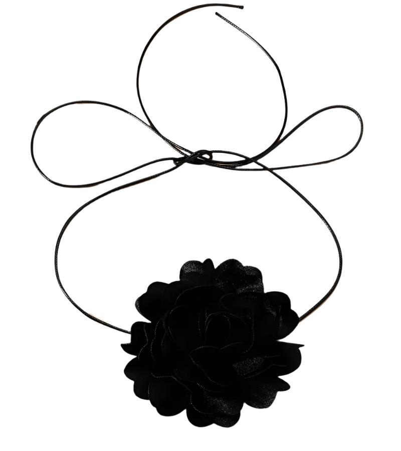 Veile Studios Retro Black Satin Peony Flower Neck Strap Necklace For Evening Fashion Wear