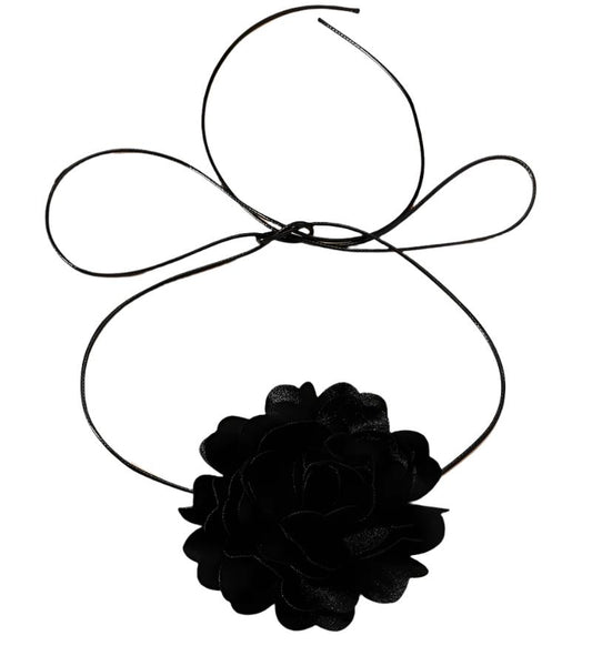 Retro Black Satin Peony Flower Neck Strap Necklace For Evening Fashion Wear