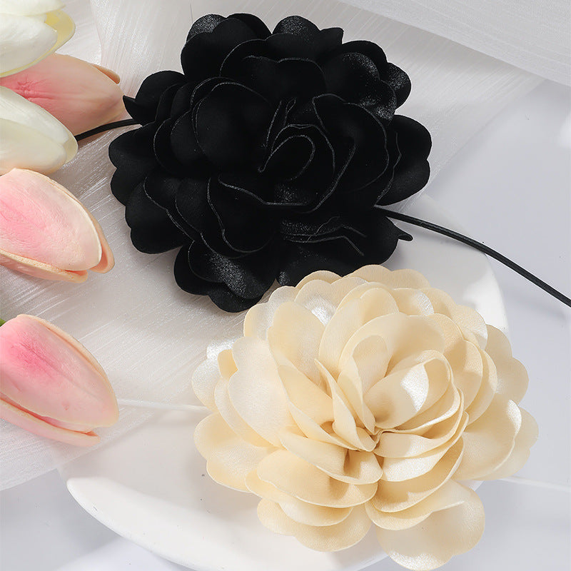 Veile Studios Retro Black Satin Peony Flower Neck Strap Necklace For Evening Fashion Wear
