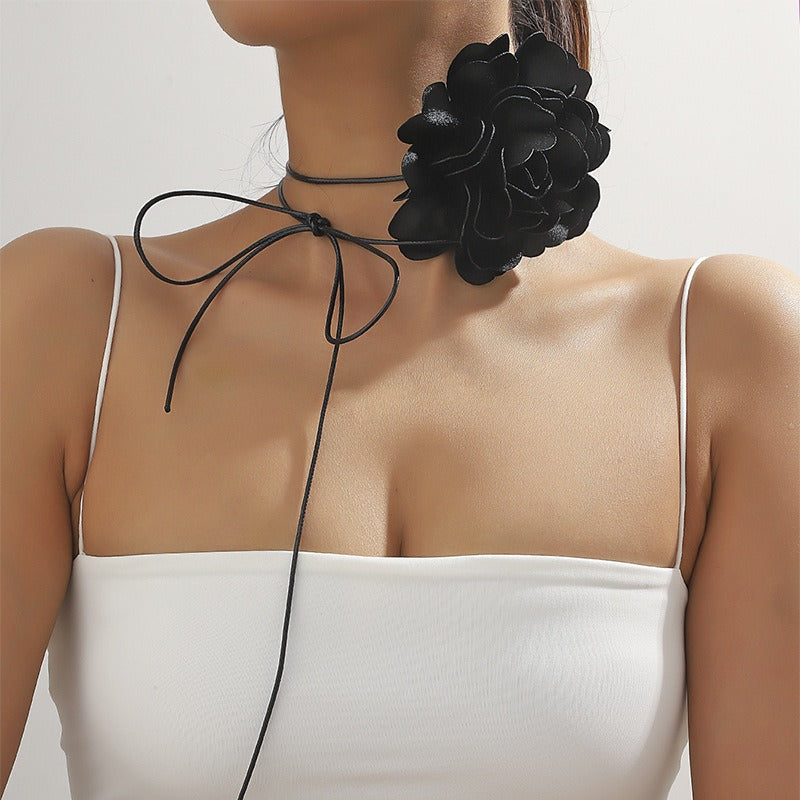 Retro Black Satin Peony Flower Neck Strap Necklace For Evening Fashion Wear