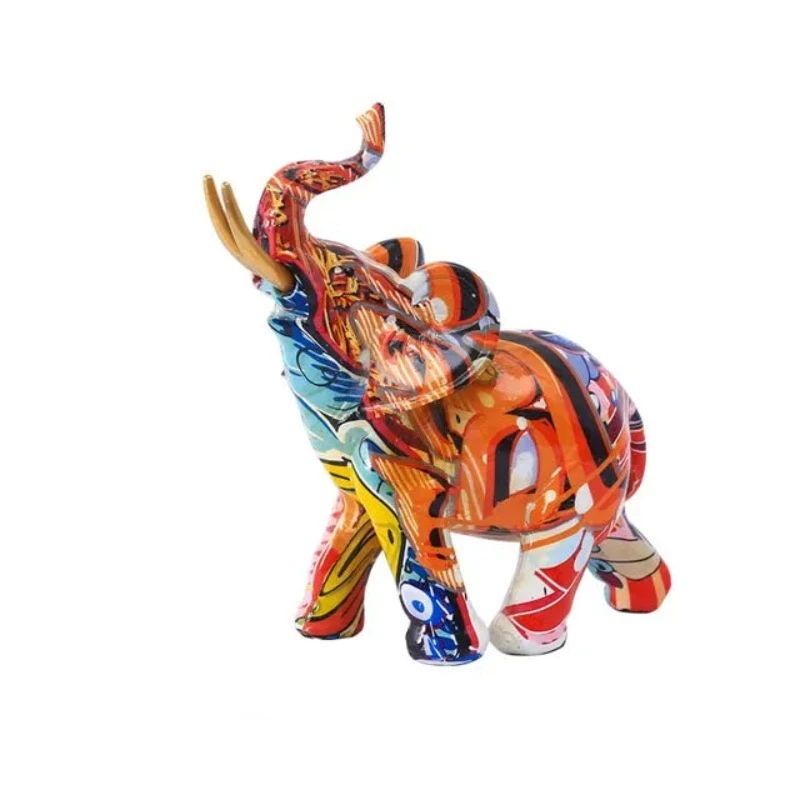 Resin Colorful Transfer Printed Elephant Figurines Modern Art Ornaments Animal Feng Shui Home Interior Office Decor Acce
