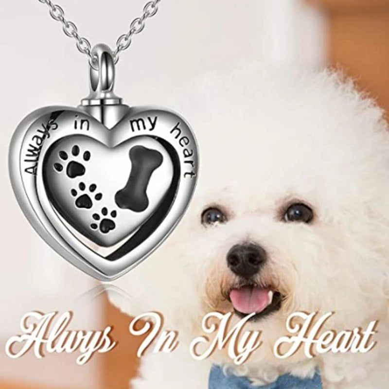 Always In My Heart Pet Paw Dog Bone Cremation Urn Necklace For Ashes