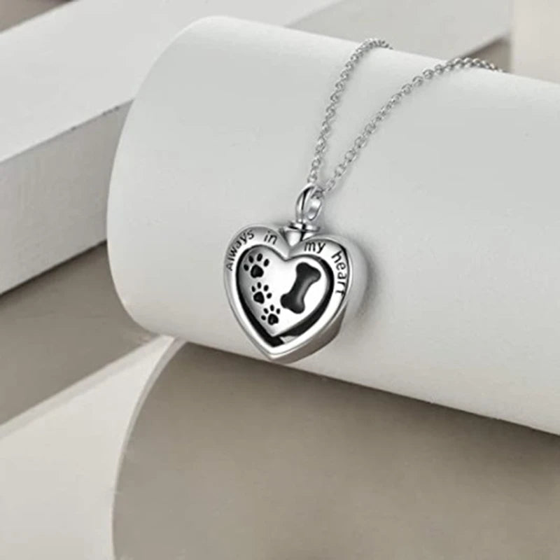 Always In My Heart Pet Paw Dog Bone Cremation Urn Necklace For Ashes