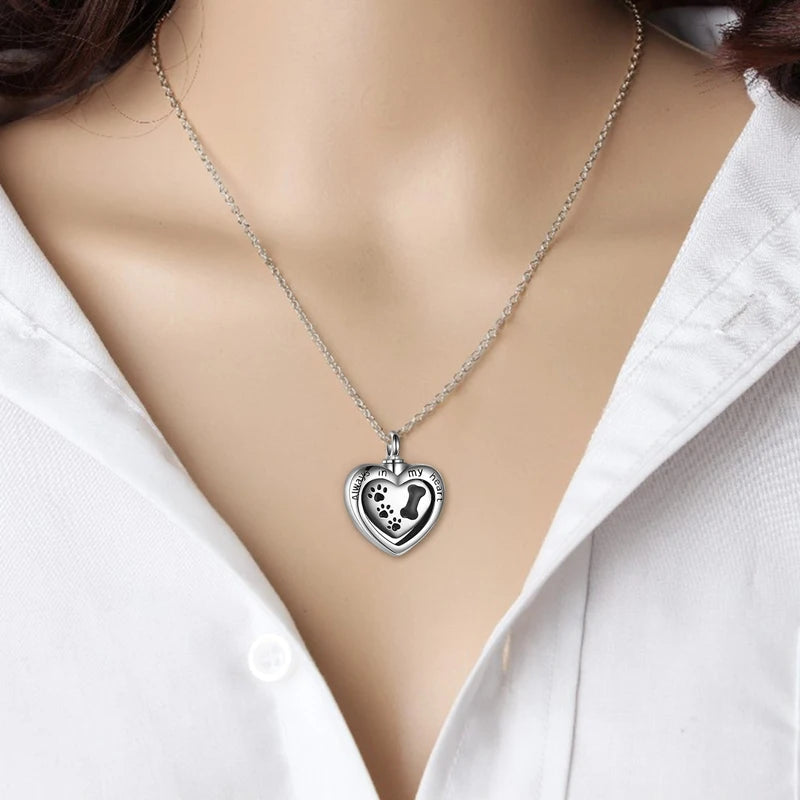 Always In My Heart Pet Paw Dog Bone Cremation Urn Necklace For Ashes