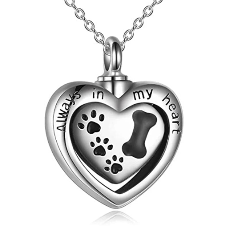 Always In My Heart Pet Paw Dog Bone Cremation Urn Necklace For Ashes