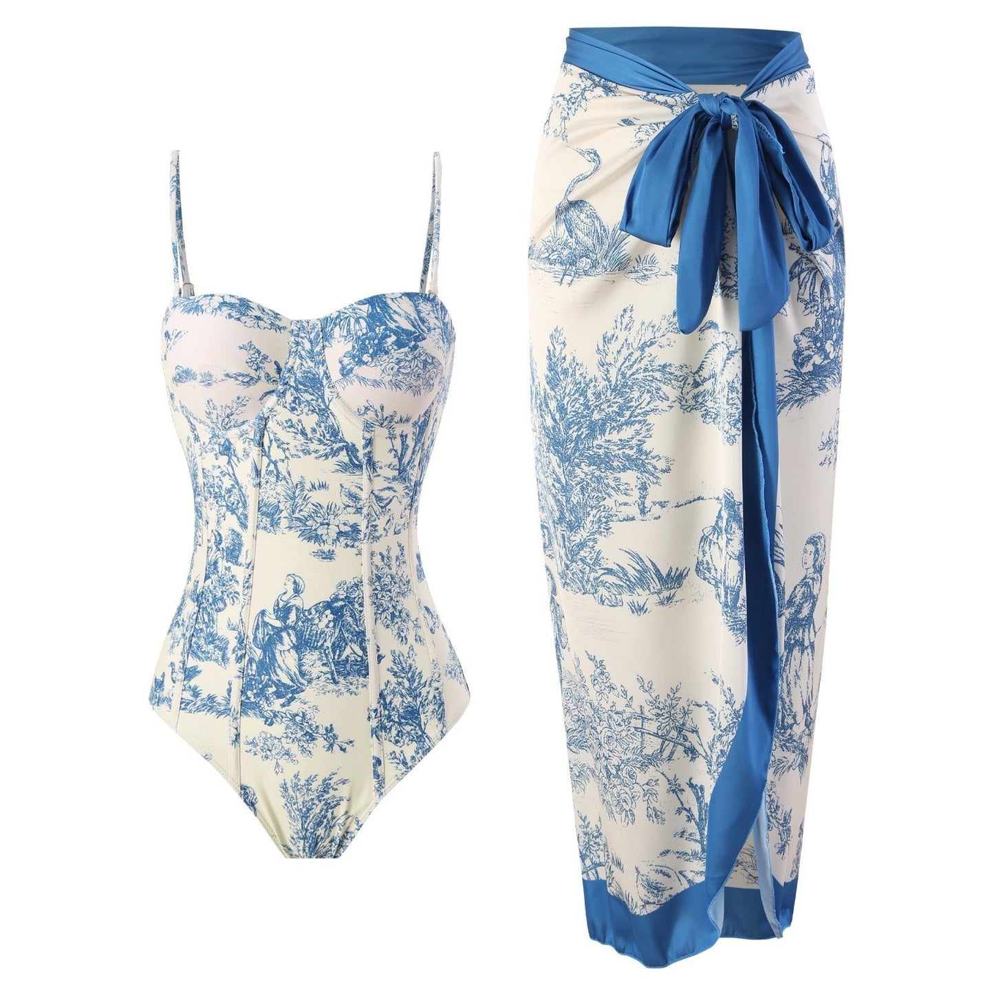 New One Piece Swimsuit Women's Tight Fitting Slimming Retro Strap Sunscreen Long Skirt Two Set