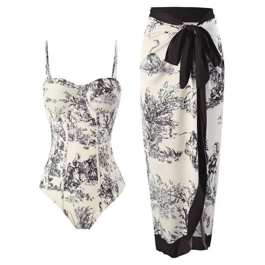 New One Piece Swimsuit Women's Tight Fitting Slimming Retro Strap Sunscreen Long Skirt Two Set