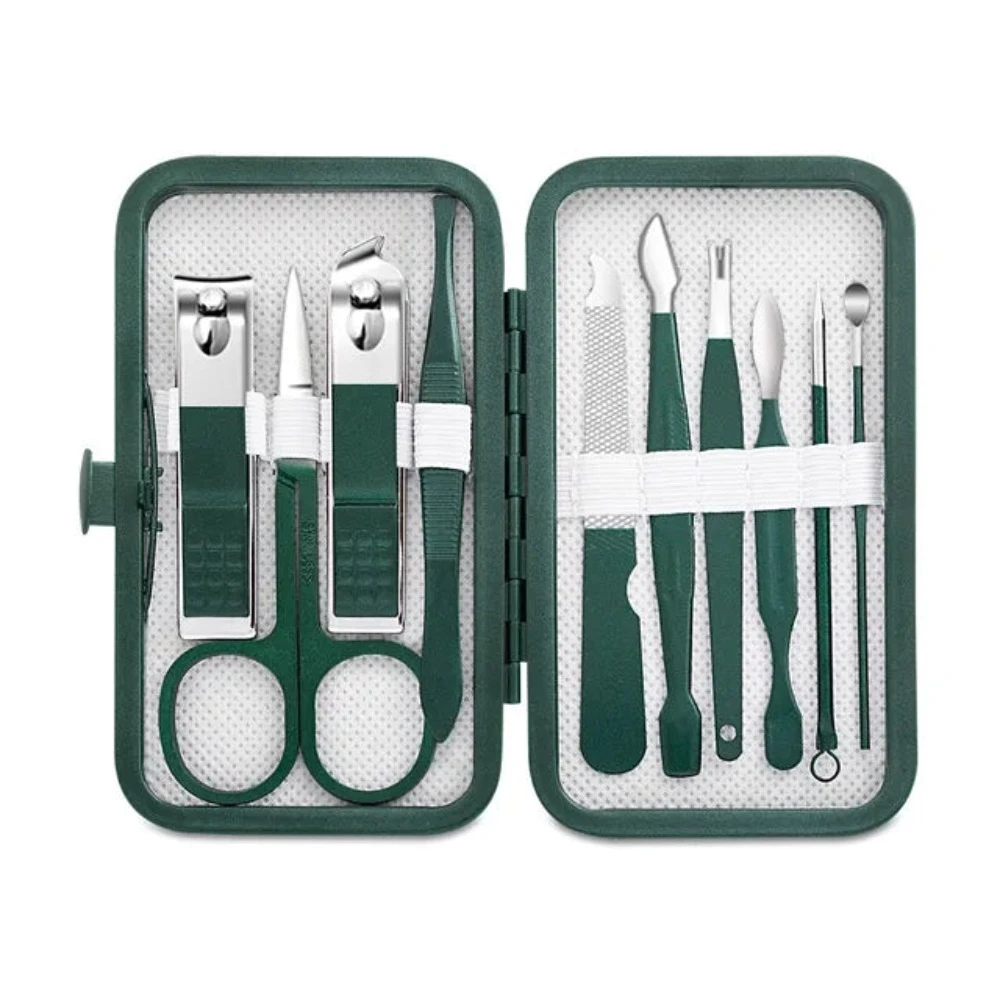 Stainless Steel Nail Clipper Set Grooming Tool With Portable Case Manicure Art Green Nails Cut