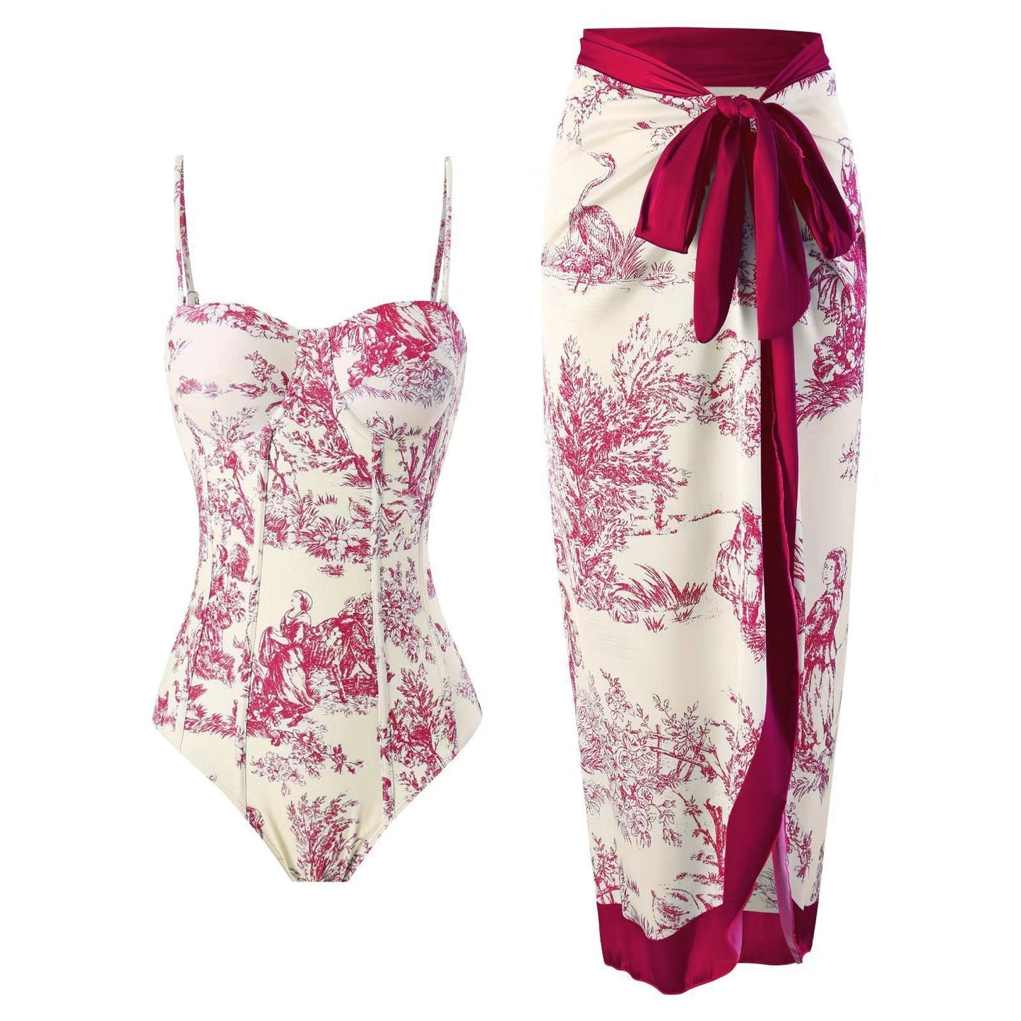 New One Piece Swimsuit Women's Tight Fitting Slimming Retro Strap Sunscreen Long Skirt Two Set