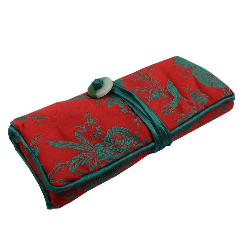Chinese Silk Brocade Jewelry Roll Up Bags Travel Storage Pouch For Accessories