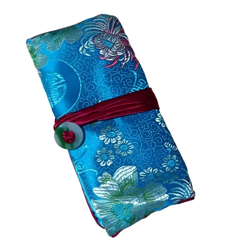 Chinese Silk Brocade Jewelry Roll Up Bags Travel Storage Pouch For Accessories