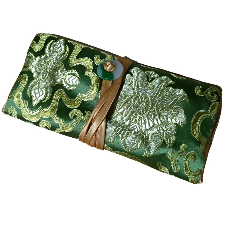 Chinese Silk Brocade Jewelry Roll Up Bags Travel Storage Pouch For Accessories