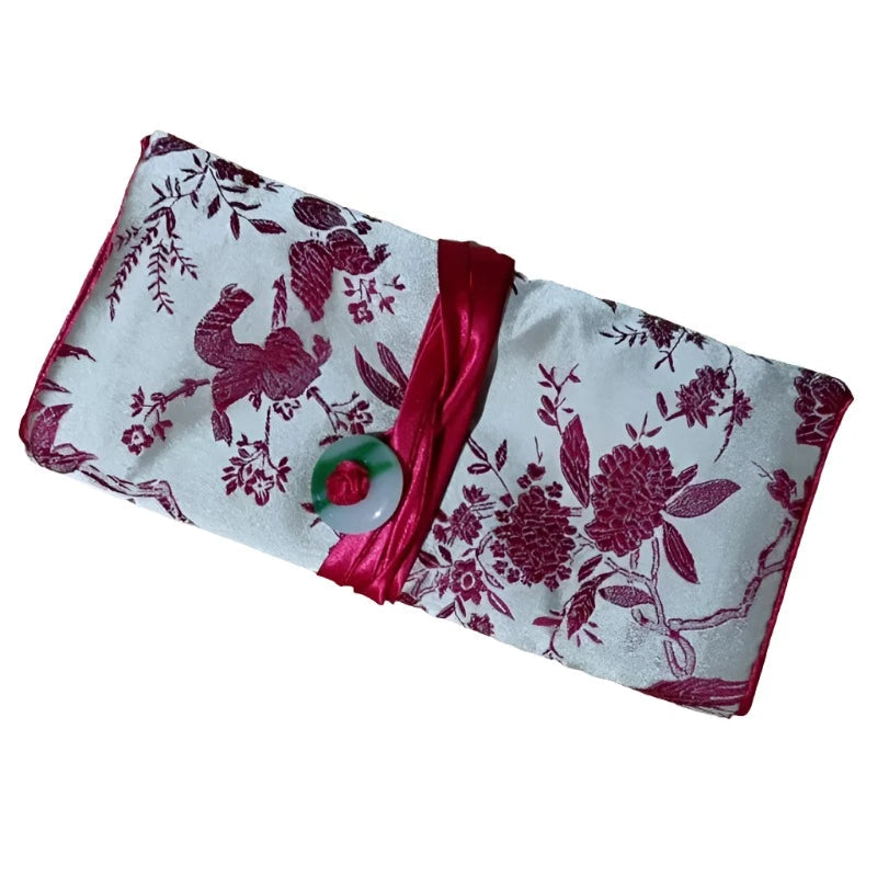 Chinese Silk Brocade Jewelry Roll Up Bags Travel Storage Pouch For Accessories