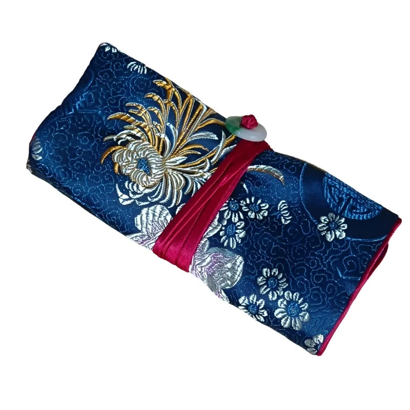 Chinese Silk Brocade Jewelry Roll Up Bags Travel Storage Pouch For Accessories