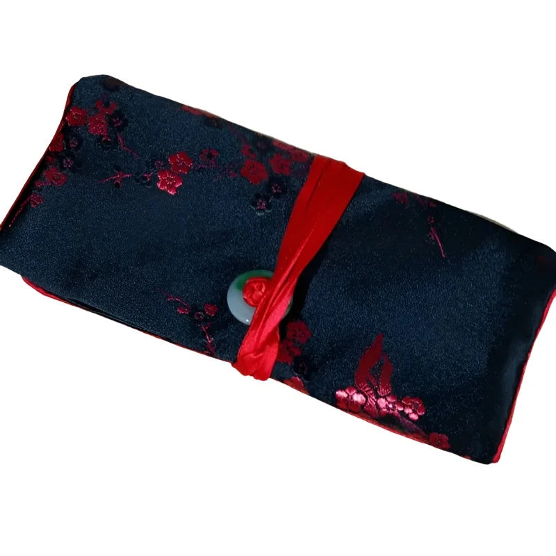 Chinese Silk Brocade Jewelry Roll Up Bags Travel Storage Pouch For Accessories