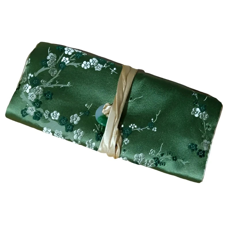 Chinese Silk Brocade Jewelry Roll Up Bags Travel Storage Pouch For Accessories