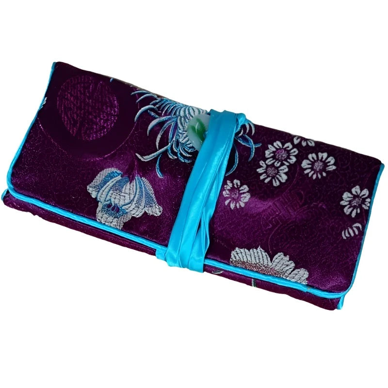 Chinese Silk Brocade Jewelry Roll Up Bags Travel Storage Pouch For Accessories