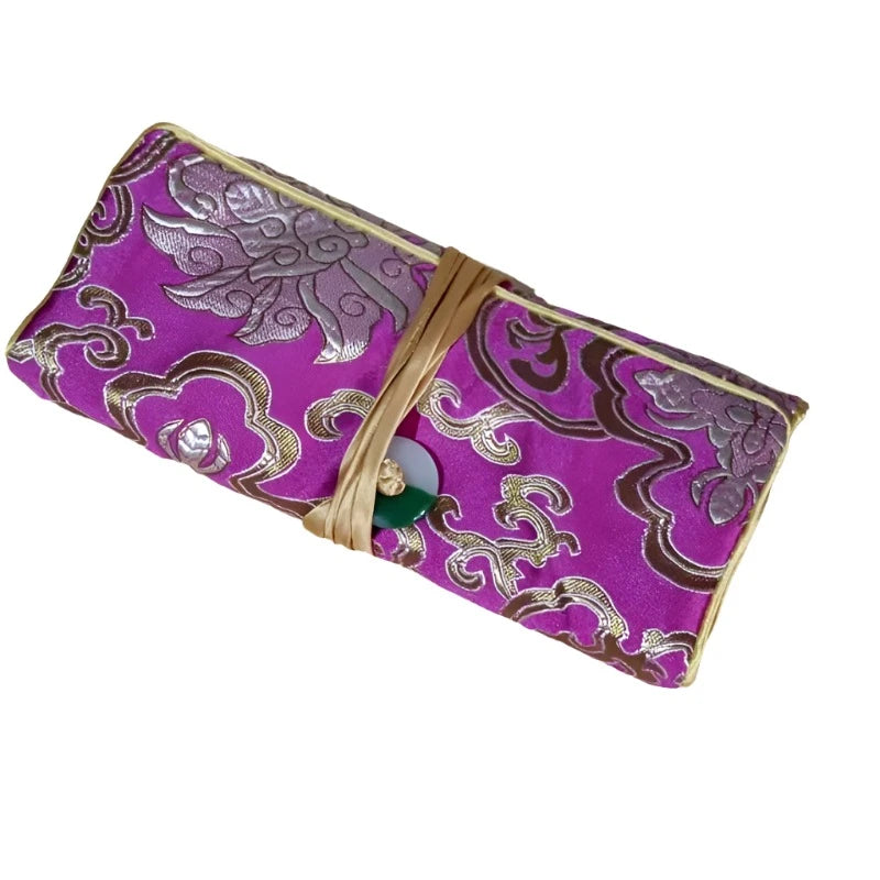 Chinese Silk Brocade Jewelry Roll Up Bags Travel Storage Pouch For Accessories