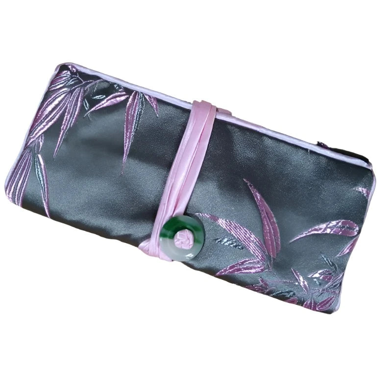 Chinese Silk Brocade Jewelry Roll Up Bags Travel Storage Pouch For Accessories