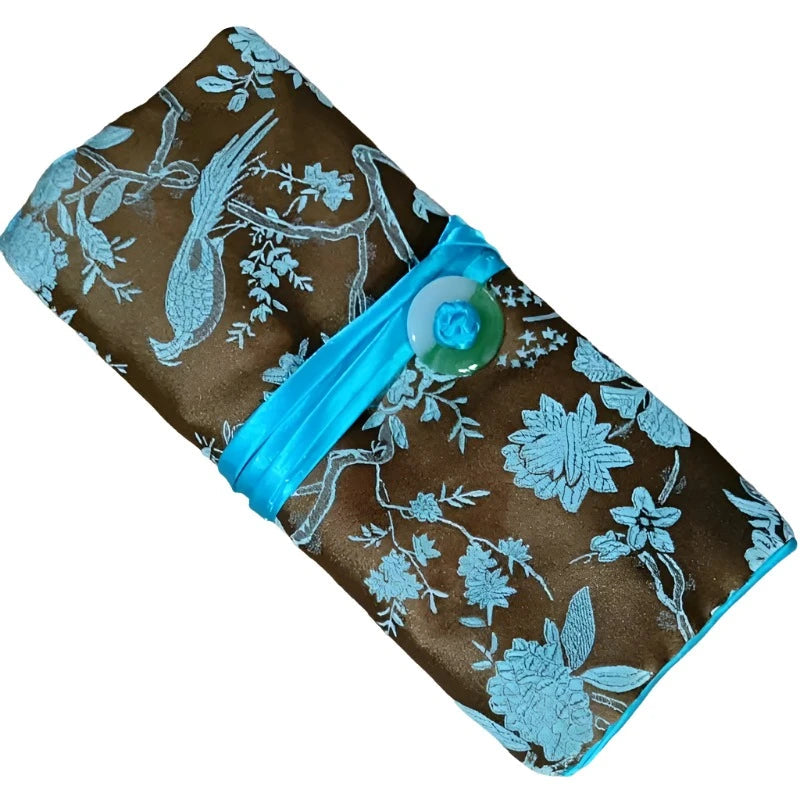 Chinese Silk Brocade Jewelry Roll Up Bags Travel Storage Pouch For Accessories
