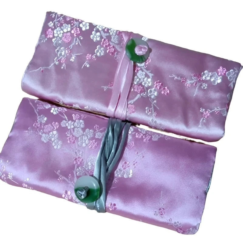 Chinese Silk Brocade Jewelry Roll Up Bags Travel Storage Pouch For Accessories