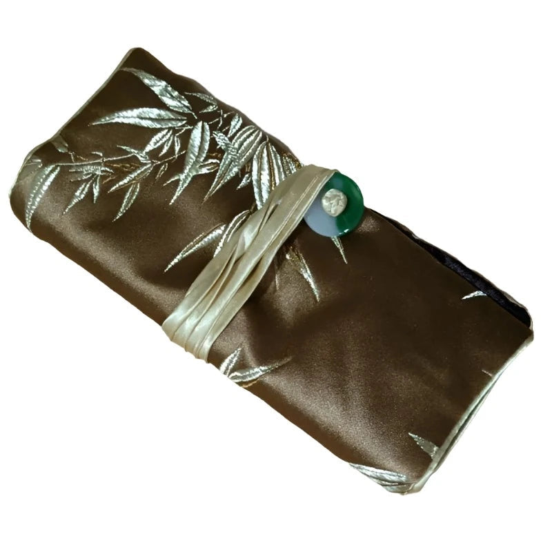 Chinese Silk Brocade Jewelry Roll Up Bags Travel Storage Pouch For Accessories