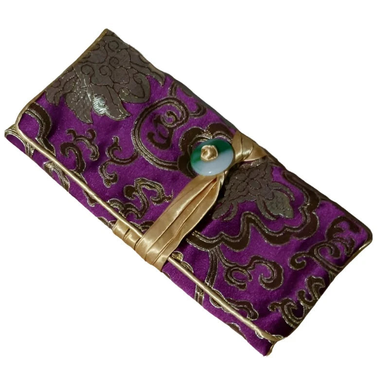 Chinese Silk Brocade Jewelry Roll Up Bags Travel Storage Pouch For Accessories