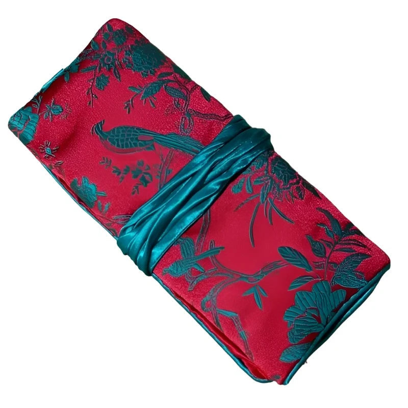 Chinese Silk Brocade Jewelry Roll Up Bags Travel Storage Pouch For Accessories