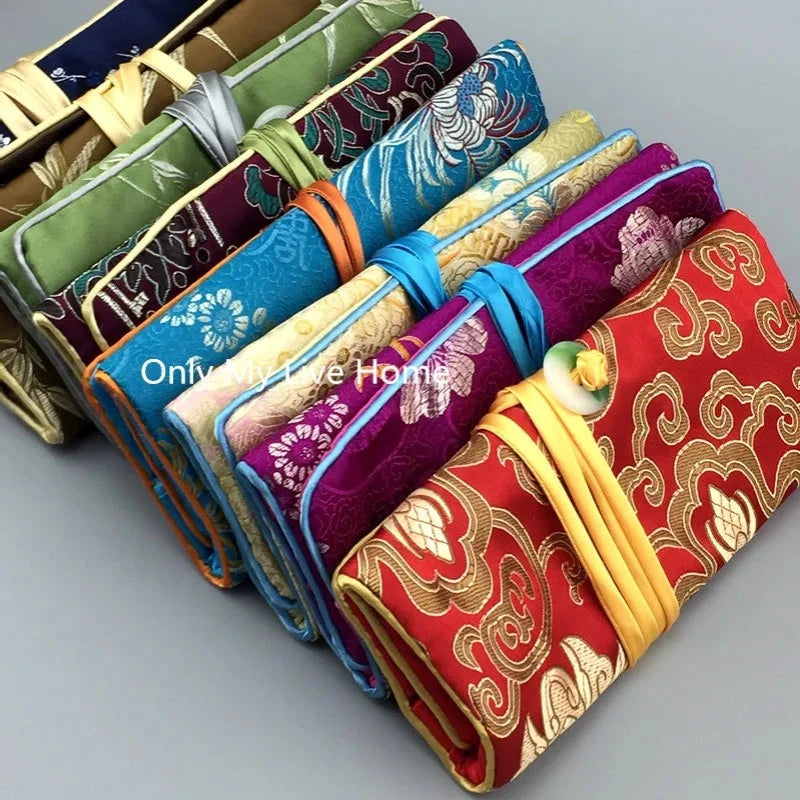 Chinese Silk Brocade Jewelry Roll Up Bags Travel Storage Pouch For Accessories