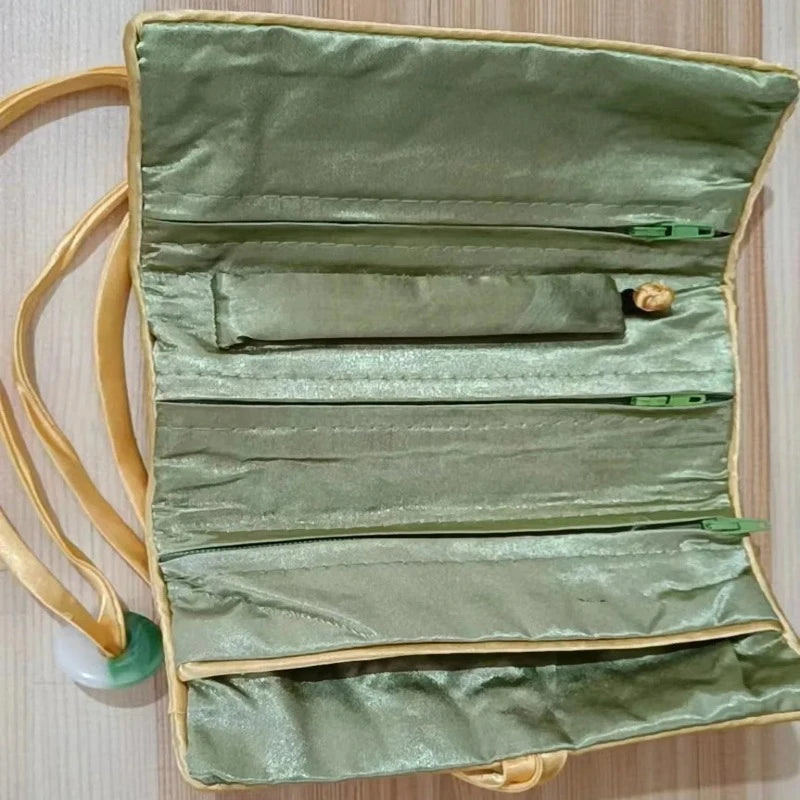 Chinese Silk Brocade Jewelry Roll Up Bags Travel Storage Pouch For Accessories