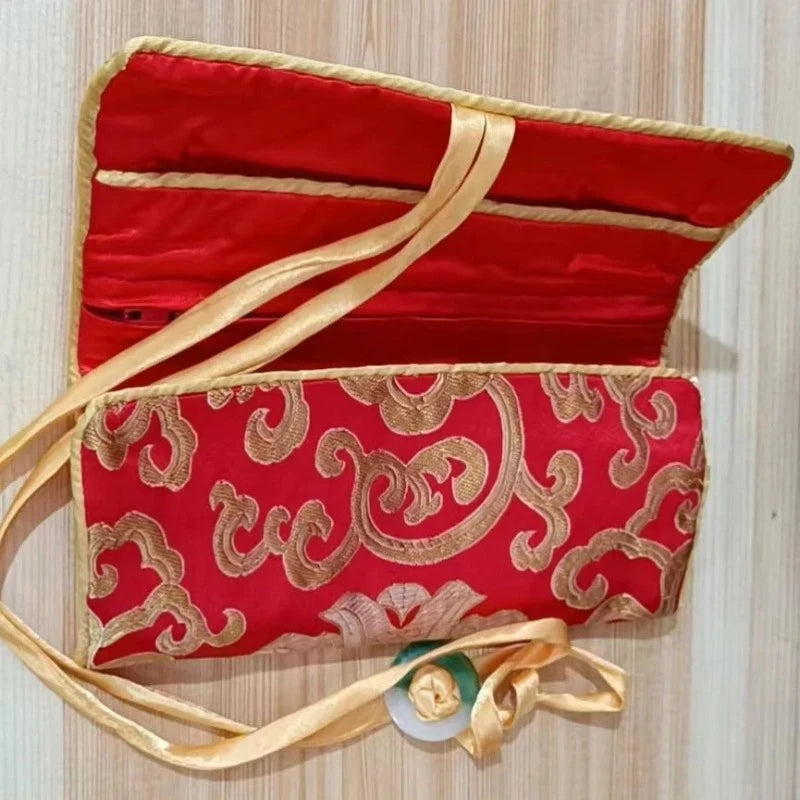 Chinese Silk Brocade Jewelry Roll Up Bags Travel Storage Pouch For Accessories