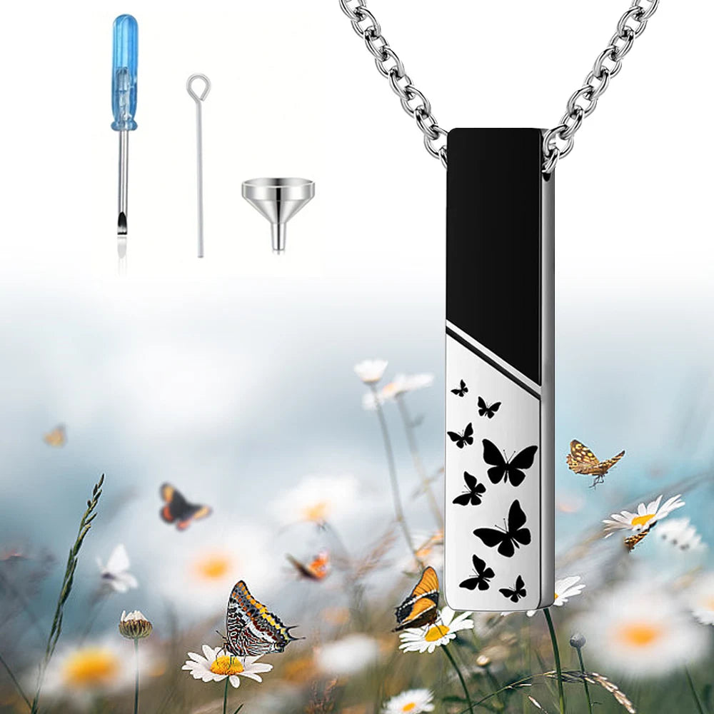Cremation Jewelry Urn Necklace For Ashes Bar Butterfly Pendant Stainless Steel Locket