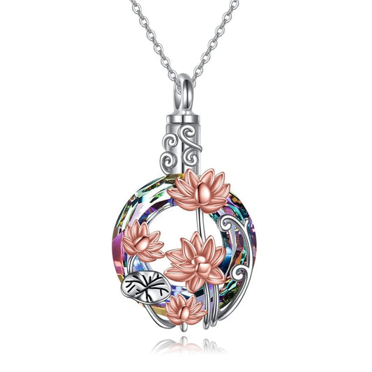 Crystal Flowers Cremation Ash Urn Necklace Lotus Pendant For Men Women