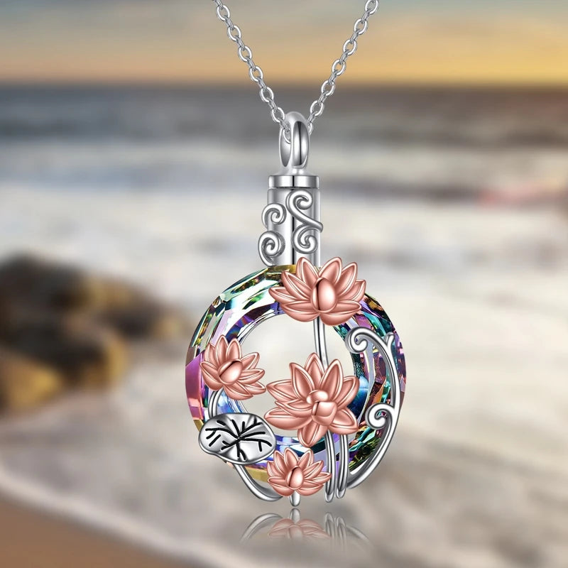 Crystal Flowers Cremation Ash Urn Necklace Lotus Pendant For Men Women