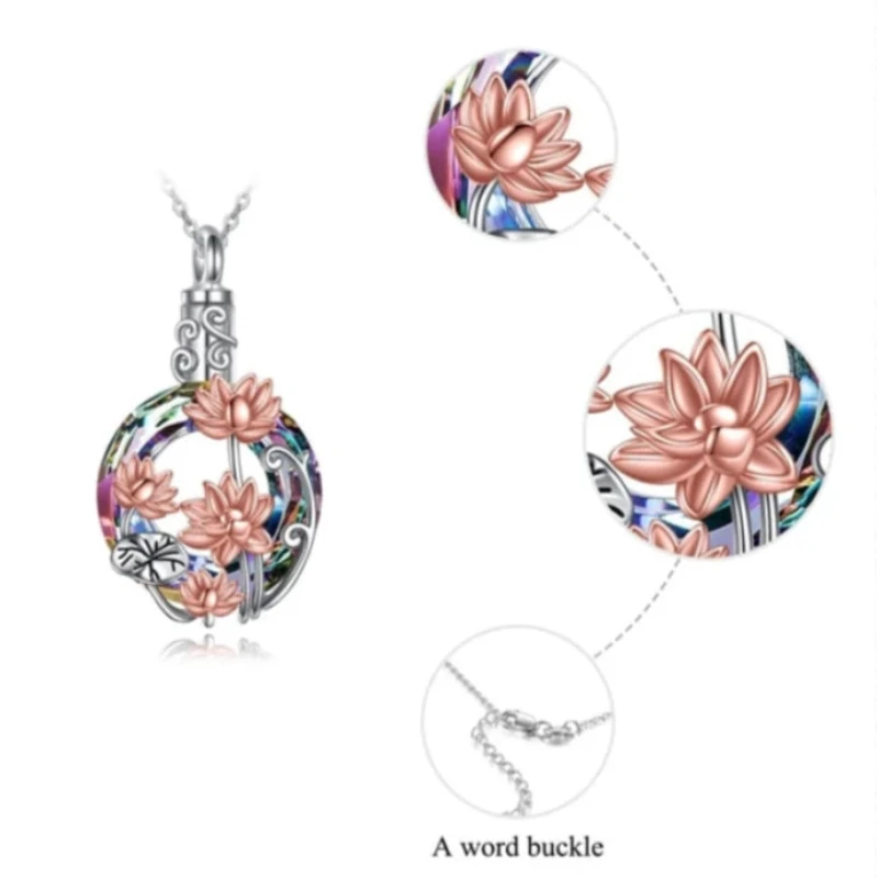 Crystal Flowers Cremation Ash Urn Necklace Lotus Pendant For Men Women