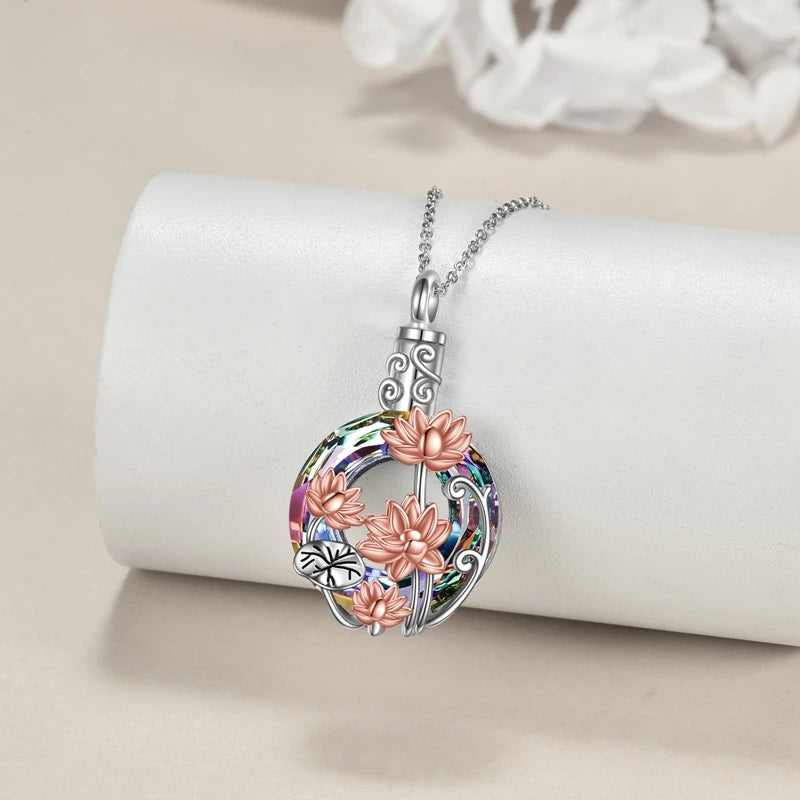 Crystal Flowers Cremation Ash Urn Necklace Lotus Pendant For Men Women