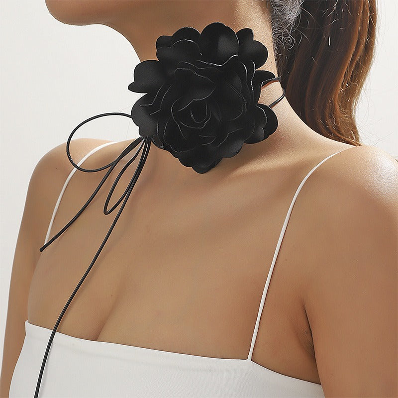 Retro Black Satin Peony Flower Neck Strap Necklace For Evening Fashion Wear