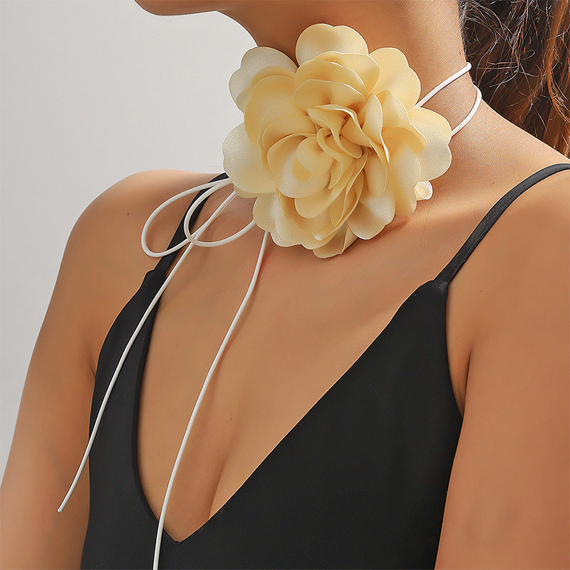 Veile Studios Retro Black Satin Peony Flower Neck Strap Necklace For Evening Fashion Wear