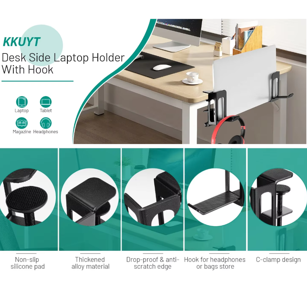 Steel Clamp Desk Side Laptop Holder Home Office Hanging Organizer