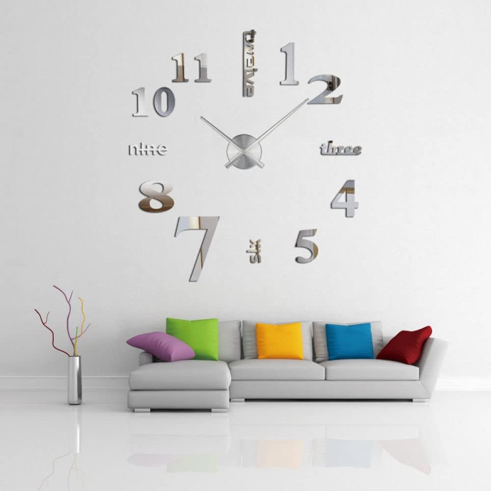 Wall Clock Silver Design 27 Inch 3D Diy Mirror Acrylic Sticker